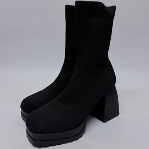Forever 21 Black Ribbed Knit Sock Boots Platform Lug Sole Block Heel Ankle Boots